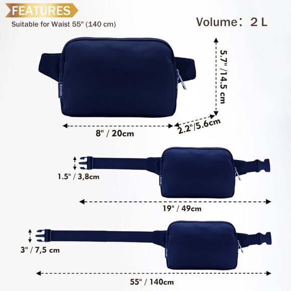 2L Water-Resistant Fanny Pack for Travel - Adjustable 55-Inch Strap, Dark Blue - Picture 3 of 6